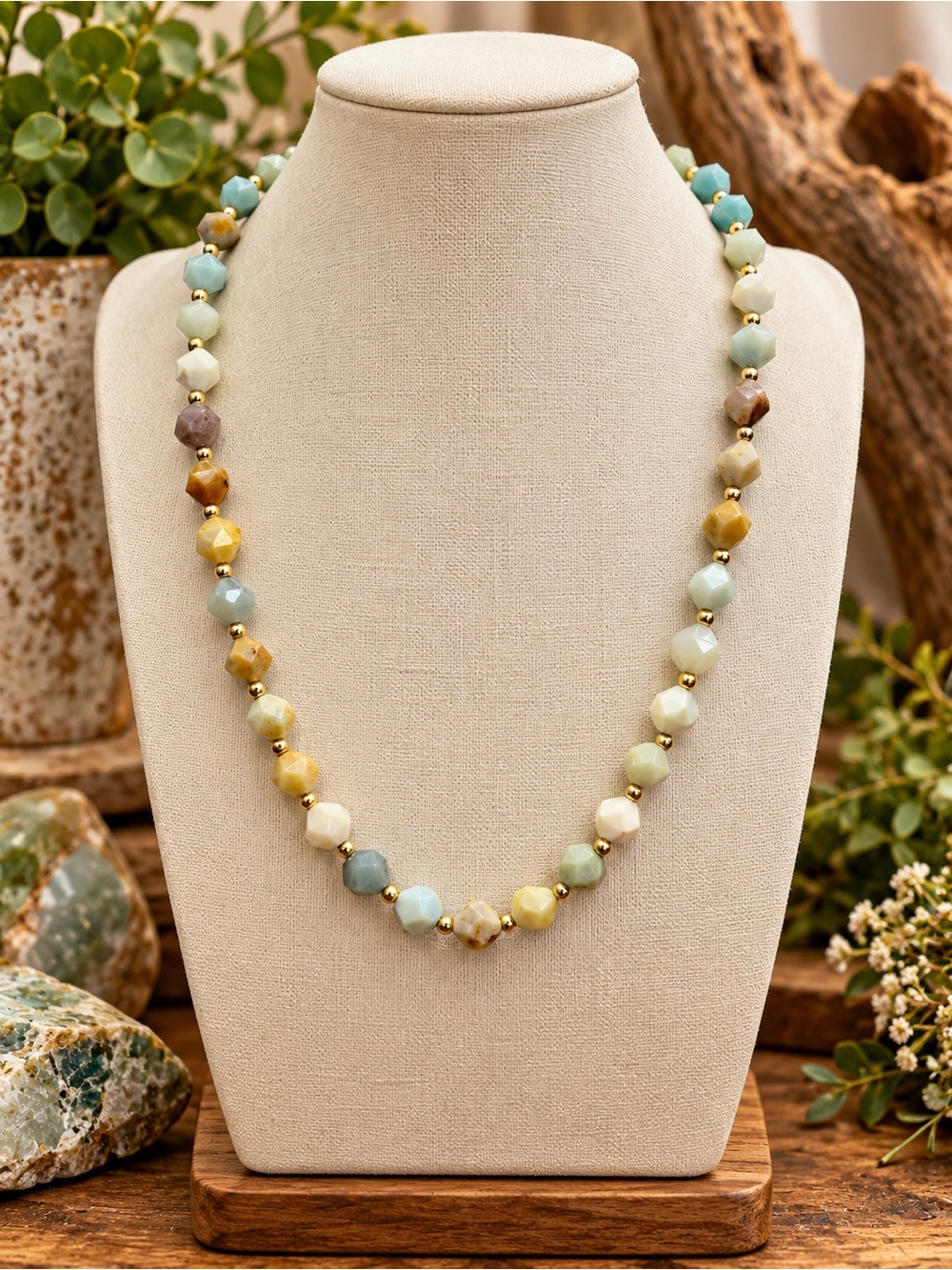 Faceted Amazonite 20 inch gold bead spacer necklace Aprilsplace